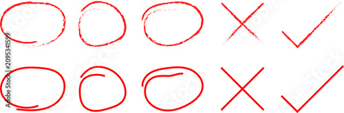 Konstfotografi Set of Hand drawn rec circle, cross and check marks icons