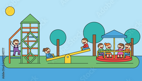 Happy children having fun playing together on various playground equipment like climbing tower, seesaw, and carousel.