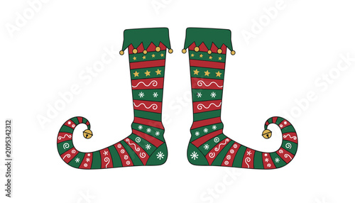Pair of striped red and green christmas elf socks with gold bells and curly toes isolated on a white background.