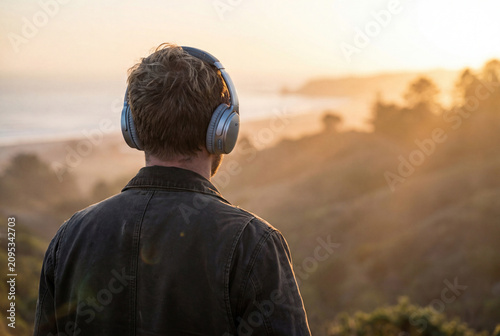 Man wearing headphones looking at a beautiful nature landscape at sunset