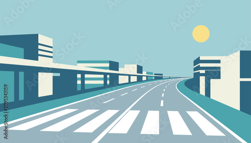 Perspective view of a modern urban highway with a crosswalk leading into a stylized city under a bright warm sun.