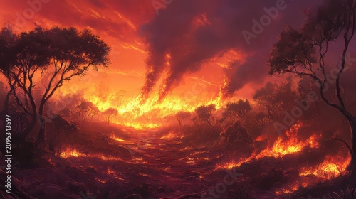 Wildfire blazes through a dense forest landscape, consuming dry vegetation and creating thick plumes of dark smoke under a glowing orange sky that symbolizes severe environmental destruction.