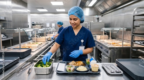 Food service worker in a blue uniform and hairnet preparing a healthy meal tray with broccoli in a large commercial kitchen.