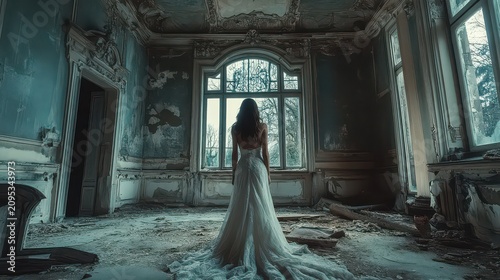 Woman in a long white bridal gown stands silently in the center of a derelict and ruined ballroom, surrounded by decaying walls and debris under the soft glow of light from a large arched window.