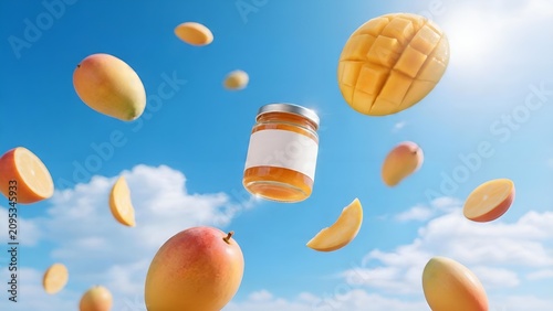 Jar of Mango Jam Surrounded by Flying Fresh Mango Slices against Blue Sky.