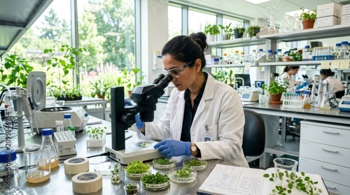 Scientist Analyzing Plant Samples with Microscope in Laboratory Setting