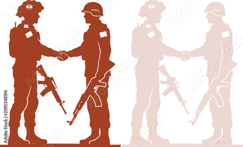 Quadro su tela Dark brown vector silhouette of two military soldiers shaking hands peacefully l