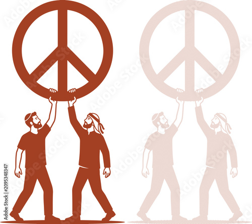 Fényképezés Dark brown vector silhouette of two united people proudly holding aloft a massiv