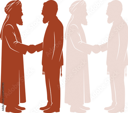 Obraz na plátne Light beige vector design featuring a strong handshake between diverse religious