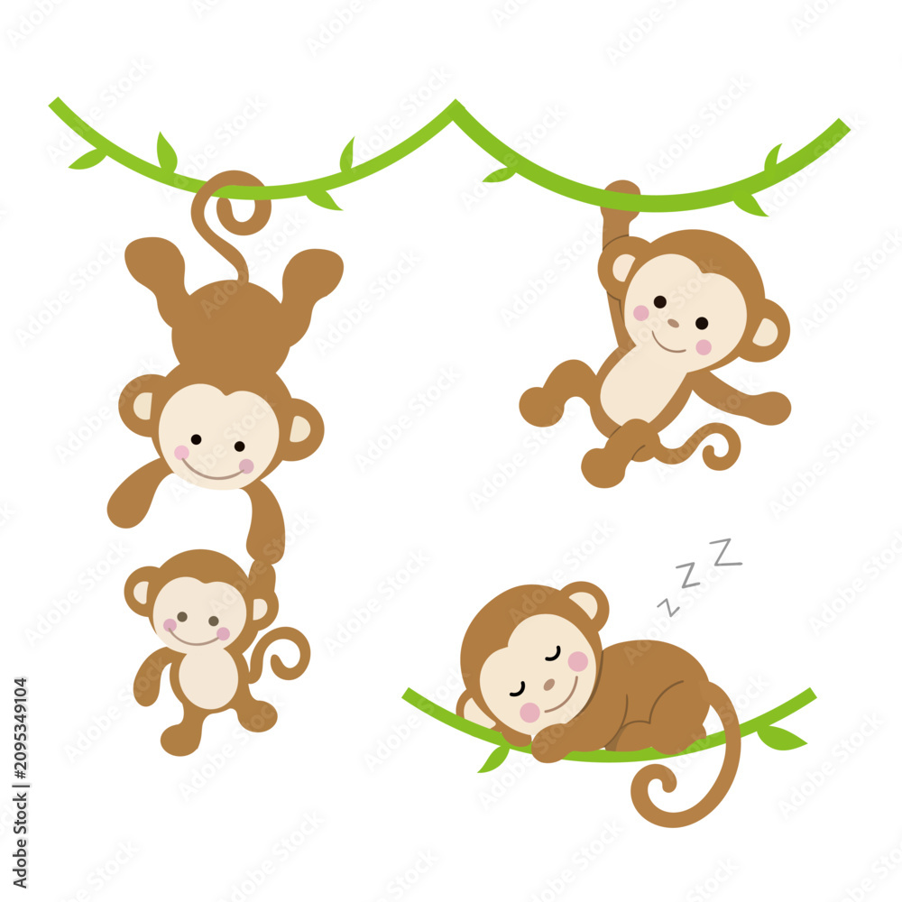 Naklejka premium A adorable cartoon illustration set of cute monkeys hanging, swinging, and sleeping on a green vine.