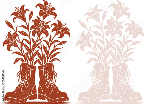 Quadro em tela Light beige vector design illustrating abandoned tough soldier boots now nurturi