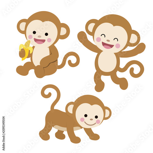 Photography A delightful set of cute cartoon monkey characters eating a banana, dancing, and walking