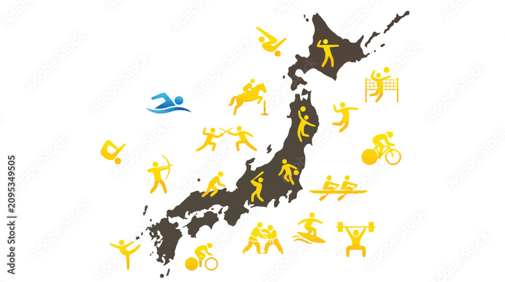 Fototapeta premium Various Olympic sports icons arranged around a brown map of Japan on white background