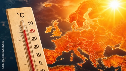 Thermometer showing extreme heat across Europe with temperature map during intense summer heatwave