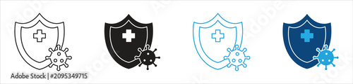 Photos Shield and Virus Icon Set, representing antivirus protection, cybersecurity, mal