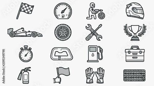 Photos Elegant Monochrome Icons Set Featuring Racing and Pit Stop Elements in Minimalis