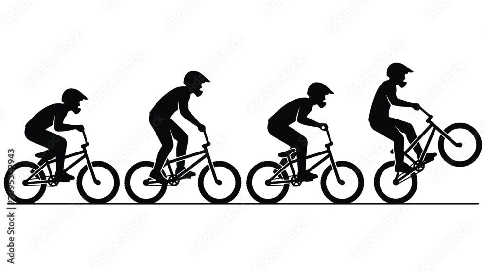 Obraz premium Silhouette of a cyclist riding a bicycle in four different positions and motions smoothly