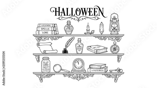 Shelf of Spells: A meticulously arranged collection of antique items, including books, inkwells, candles, and curious artifacts, sits on ornate shelves under the Halloween title.
