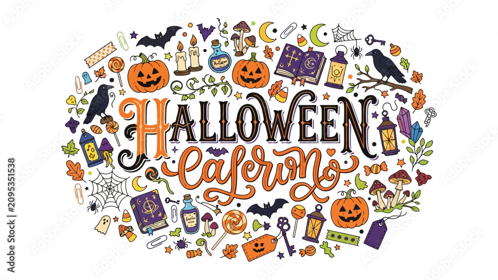 Obraz premium Spooky Halloween Celebration Collage: A vibrant and whimsical illustration filled with classic Halloween motifs like pumpkins, bats, ghosts, witches' potions, and creepy crawlies.