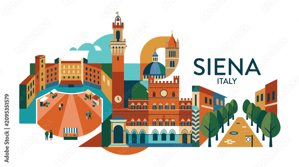 Obraz premium Colorful Illustration of Siena Italy Showcasing Historic Architecture and Vibrant Streets with Landmark Buildings