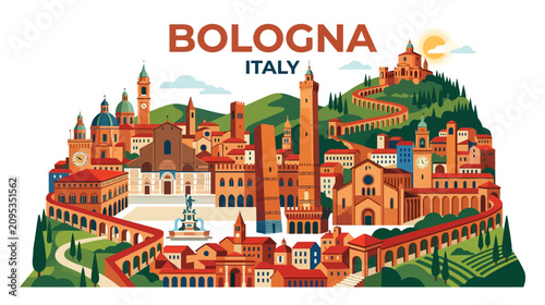 Colorful Illustration of Bologna Italy With Iconic Landmarks and Hillscape Visuals
