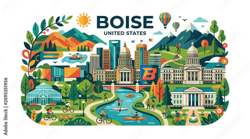 Naklejka premium Vivid illustration showcasing Boise Idaho's cityscape surrounded by nature including mountains, rivers, parks, and outdoor