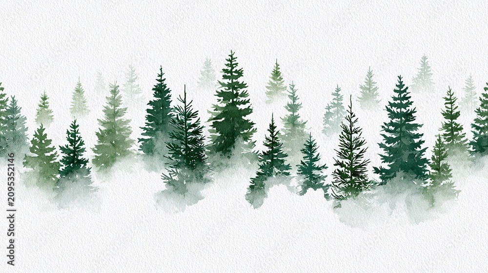 Fototapeta premium Seamless repeat watercolor pattern of layered stylized evergreen pine trees shrouded in thick white fog, emerald sage dark pine green foliage, faint distant small trees and sharp detailed foreground