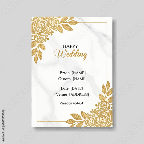 Luxury Gold Floral Wedding Invitation Card Template with Marble Texture