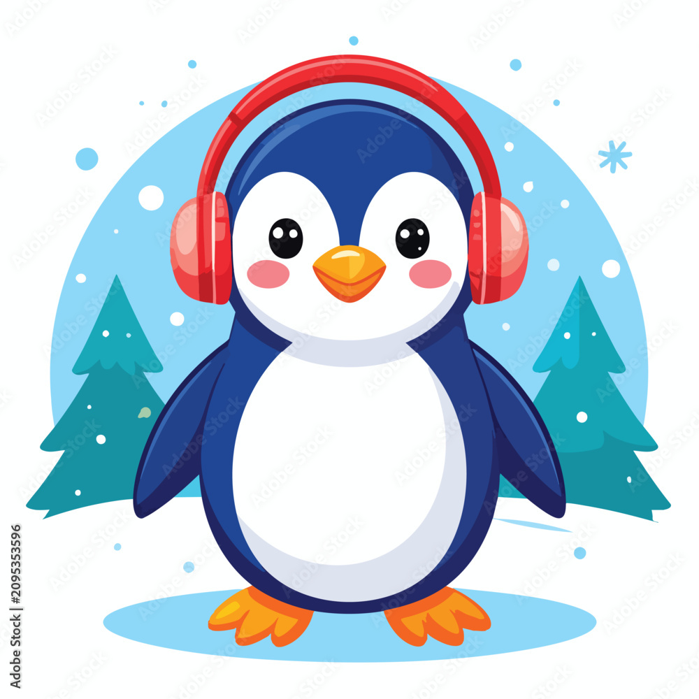 Fototapeta premium Cute baby penguin wearing red headphones listening to music in a winter snowy landscape
