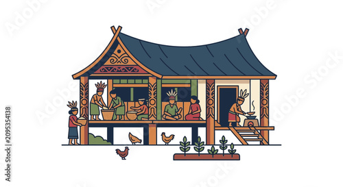 Dayak Longhouse Daily Life Illustration