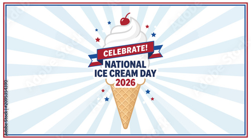 Vector illustration of a national ice cream day poster with a cone cherry with food holiday with holiday featuring, text