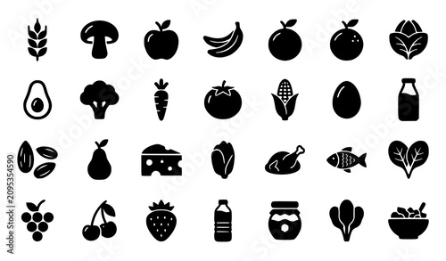 Nutrition Filled Icons Set with Healthy Food Fruits Vegetables and Diet Vector Collection