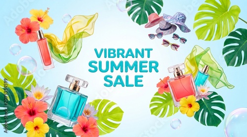 Tropical sale decor featuring floating merchandise and lush jungle elements