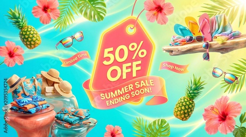 Tropical summer sale banner showcasing vibrant swimwear and floral elements