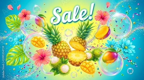 Tropical carnival celebration with glossy fruit and soap bubble accents.