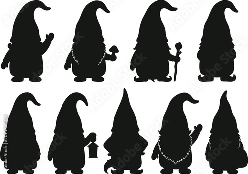 Fotografie Black silhouette gnomes with pointy hats and beards on checkered background