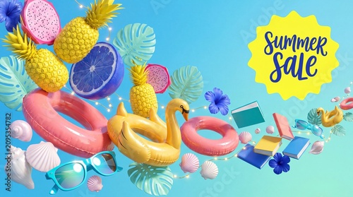 Floating summer objects with vibrant tropical colors and fun decor.