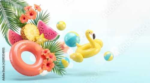 Floating summer decor elements drift in a joyful tropical paradise setting