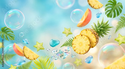 Floating tropical fruit and botanicals floating in a dreamy summer scene.