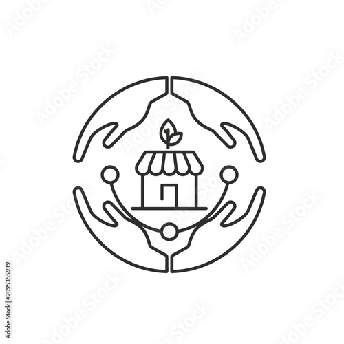 Hands cradling a house with leafy roof icon within a globe