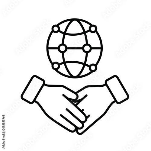 Hands shaking under a globe network icon for international partnership