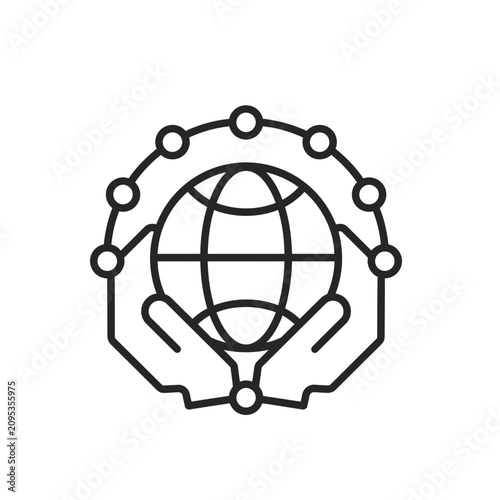 A minimalist icon depicting hands cradling a globe surrounded by a network circle.