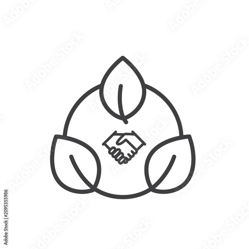 Handshake icon surrounded by leaves represents eco friendly partnership