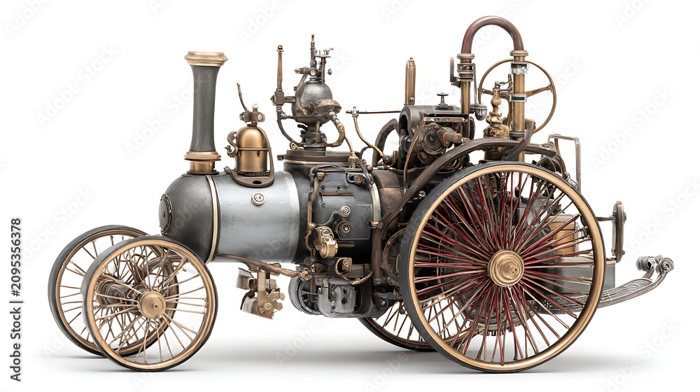 Naklejka premium Steam-powered mechanical model, antique design on white background