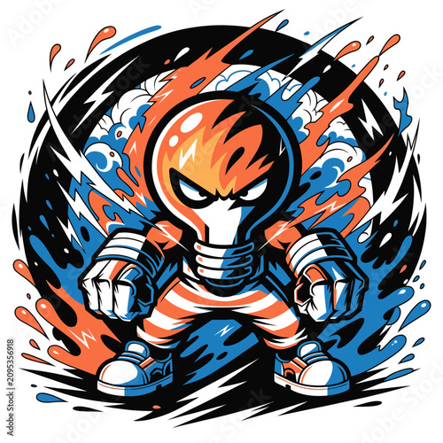 Fotografie Fierce cartoon character with flaming head and gloves.
