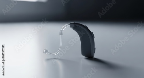 Modern hearing aid device on a white surface. Medical equipment for hearing loss and sound assistance.