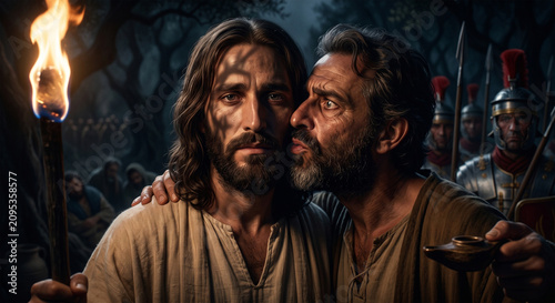 Bible, A powerful, intimate, high-contrast close-up shot capturing the exact moment of the kiss. Jesus stands calm and unmoving, his expression one of profound, sorrowful knowledge. 