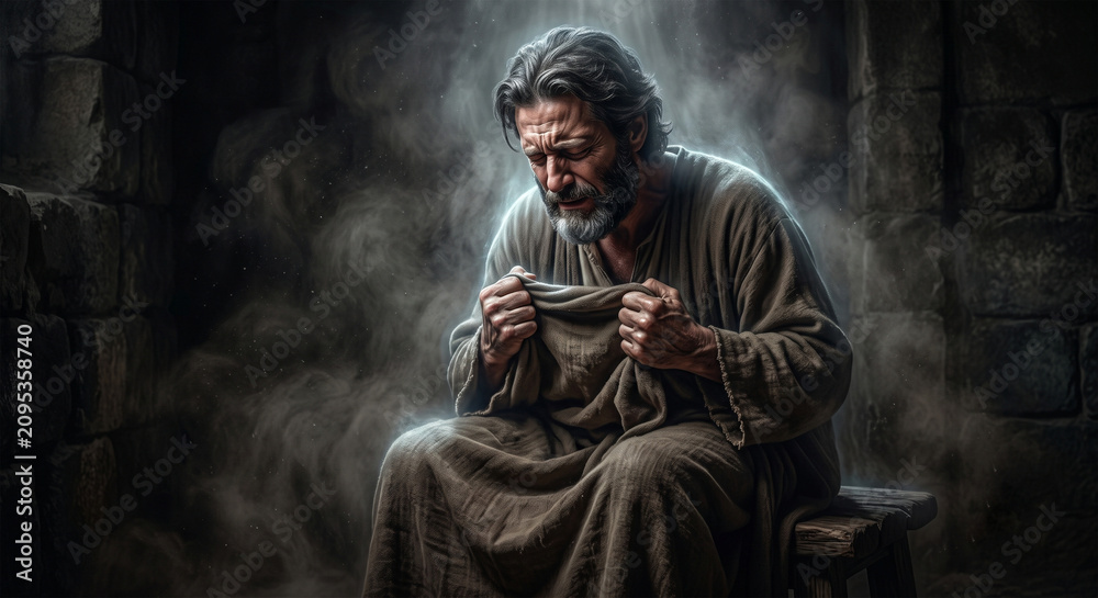 Fototapeta premium Bible, A powerful, high-contrast digital painting depicting Jesus in a moment of intense struggle. He is hunched over, his hands gripping the hem of his rough, coarse robe. 