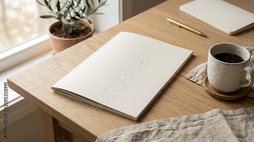Blank notebook on a wooden desk with a coffee mug and a small plant by the window. magazine mockup psd