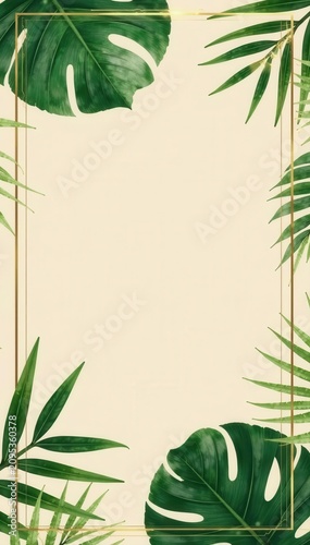 Gold & green palm leaves border on beige Minimal summer exotic frame , gold leaf, elegant, minimal